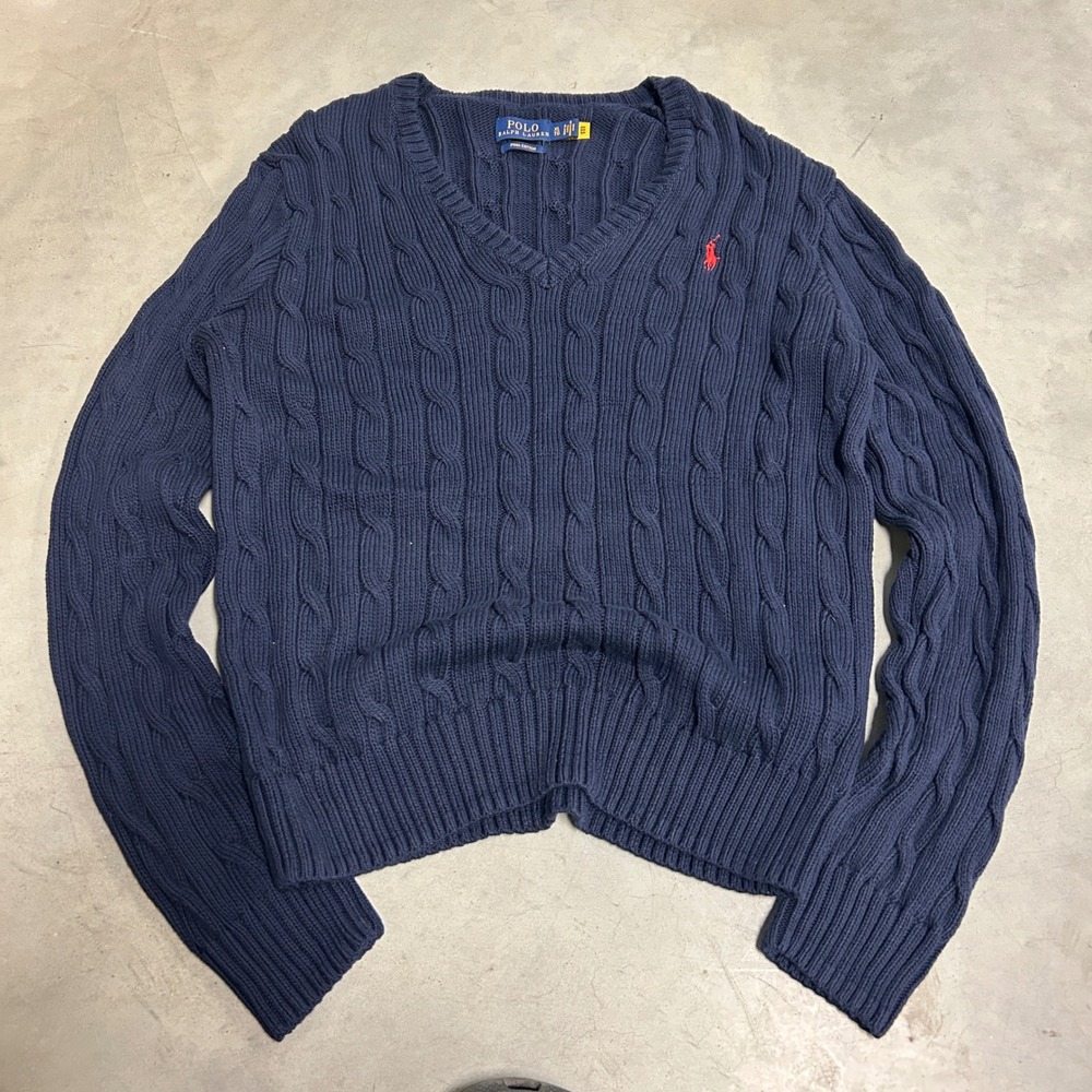 Polo Ralph Lauren Navy Blue Pima Cotton Cable Knit V-Neck Sweater XL Pony Logo